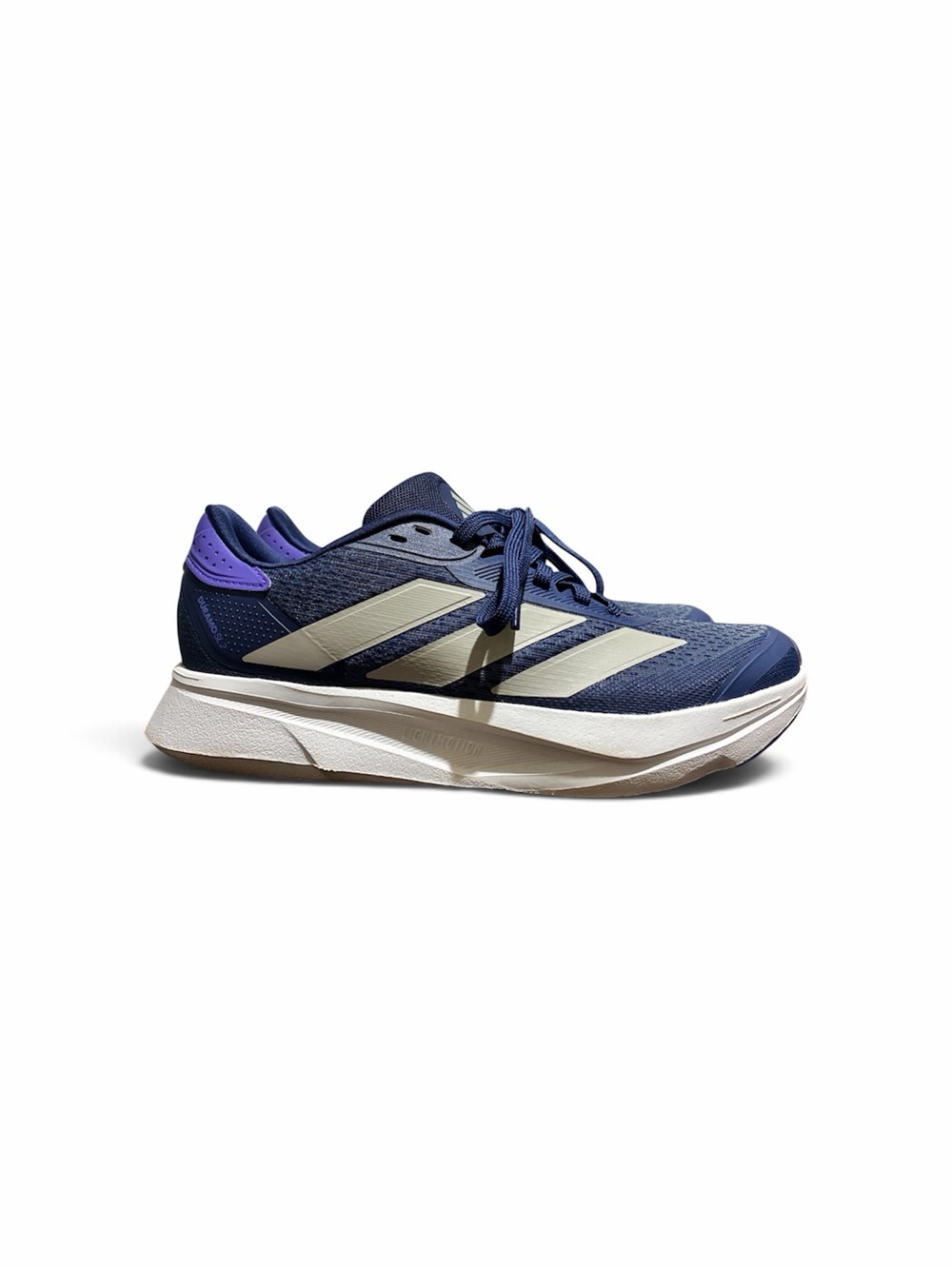 adidas Navy Running Sneaker with Cream Stripes and Purple Heel